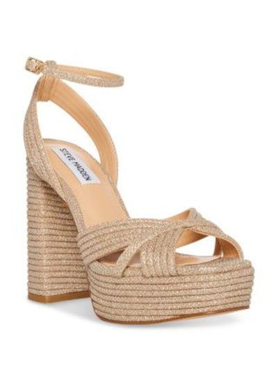 STEVE MADDEN Womens Gold Metallic 1-1/2" Platform Textured Ankle Strap Padded Laurel Open Toe Block Heel Buckle Dress Heeled Sandal 10 M