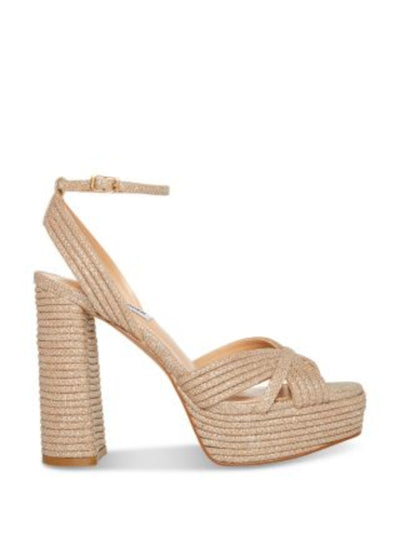 STEVE MADDEN Womens Gold Metallic 1-1/2" Platform Textured Ankle Strap Padded Laurel Open Toe Block Heel Buckle Dress Heeled Sandal 10 M