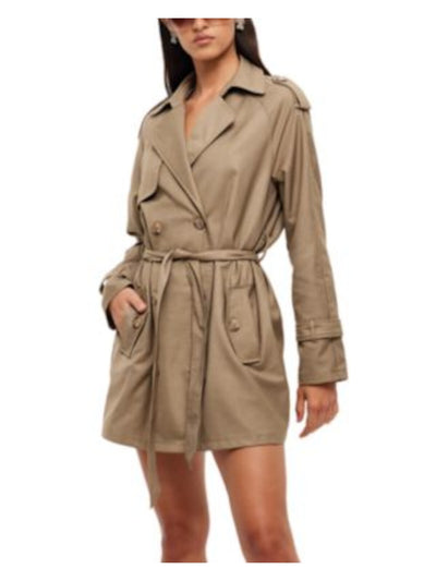 LIONESS Womens Beige Pocketed Belted Double Breasted Trench Style Long Sleeve V Neck Mini Wrap Dress XS