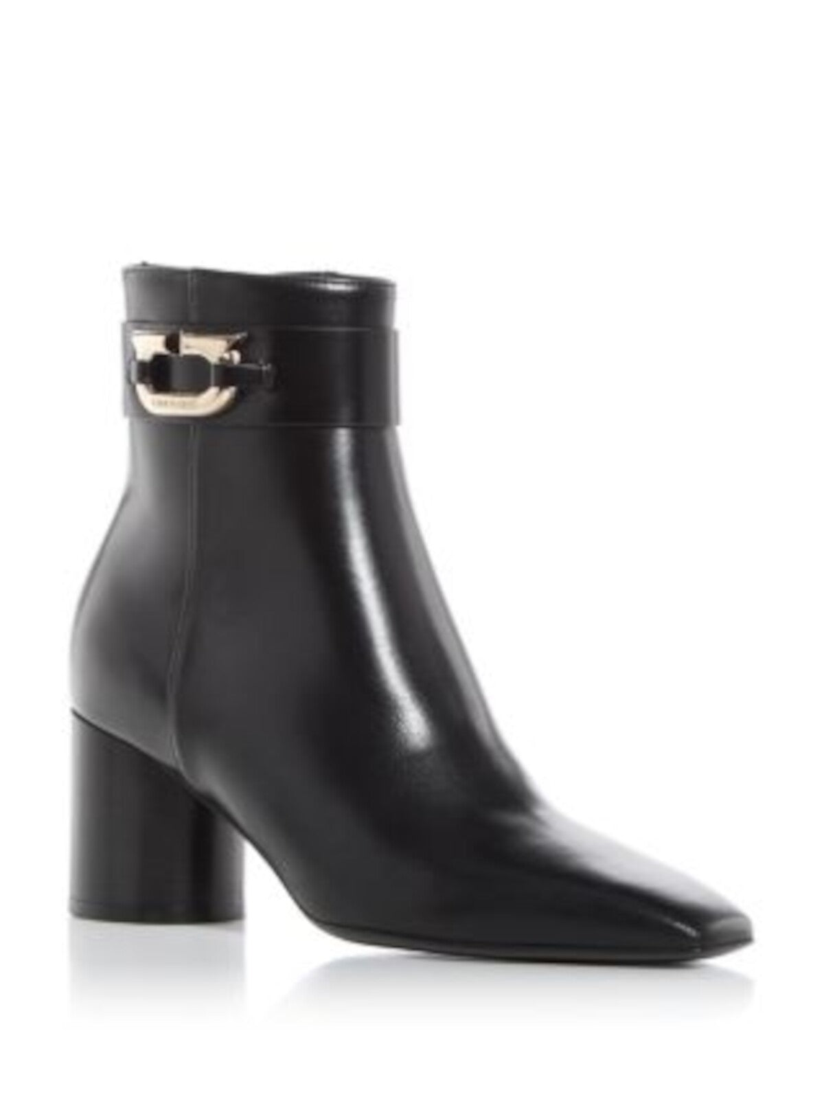 FERRAGAMO Womens Black Logo Hardware Ankle Strap Padded Placida Square Toe Stacked Heel Zip-Up Leather Dress Booties 8.5 C