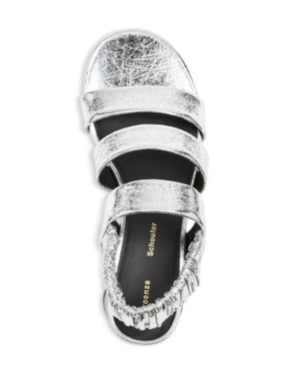 PROENZA SCHOULER Womens Silver Metallic Crinkle Padded Goring Strappy Glove Round Toe Sculpted Heel Slip On Leather Dress Slingback Sandal 36.5