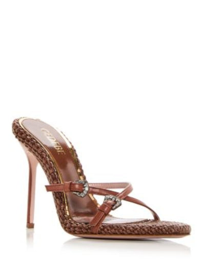 GEDEBE Womens Brown Embellished Buckle Straps Woven Padded Jilla Pointed Toe Stiletto Buckle Heeled Sandal 39