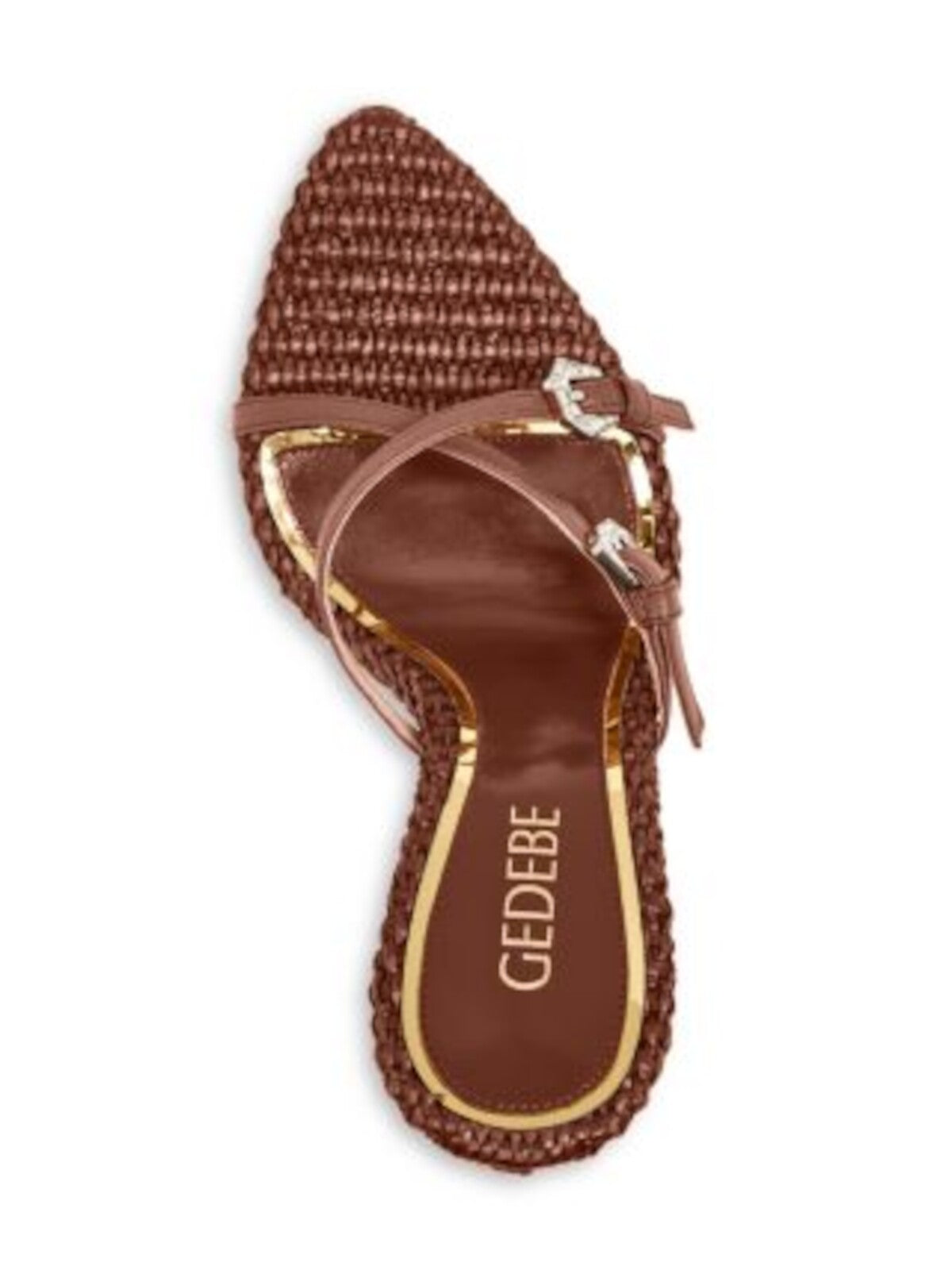 GEDEBE Womens Brown Embellished Buckle Straps Woven Padded Jilla Pointed Toe Stiletto Buckle Heeled Sandal 39