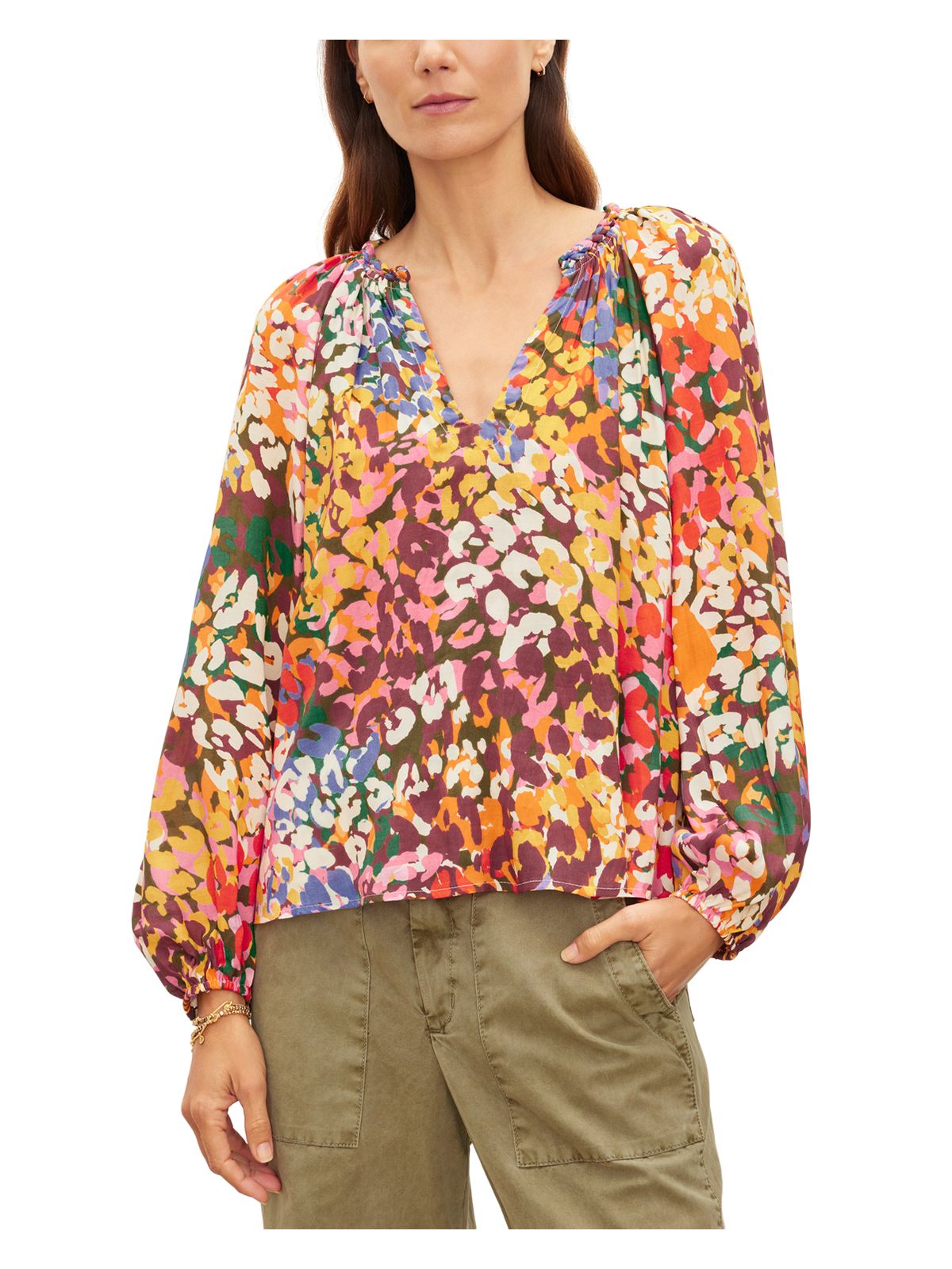VELVET BY GRAHAM & SPENCER Womens Brown Printed Blouson Sleeve Split Peasant Top XS