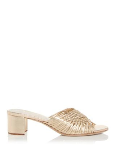 ALEXANDRE BIRMAN Womens Gold Metallic Cross Over Woven Padded Ellie Open Toe Block Heel Slip On Leather Heeled Sandal 38.5