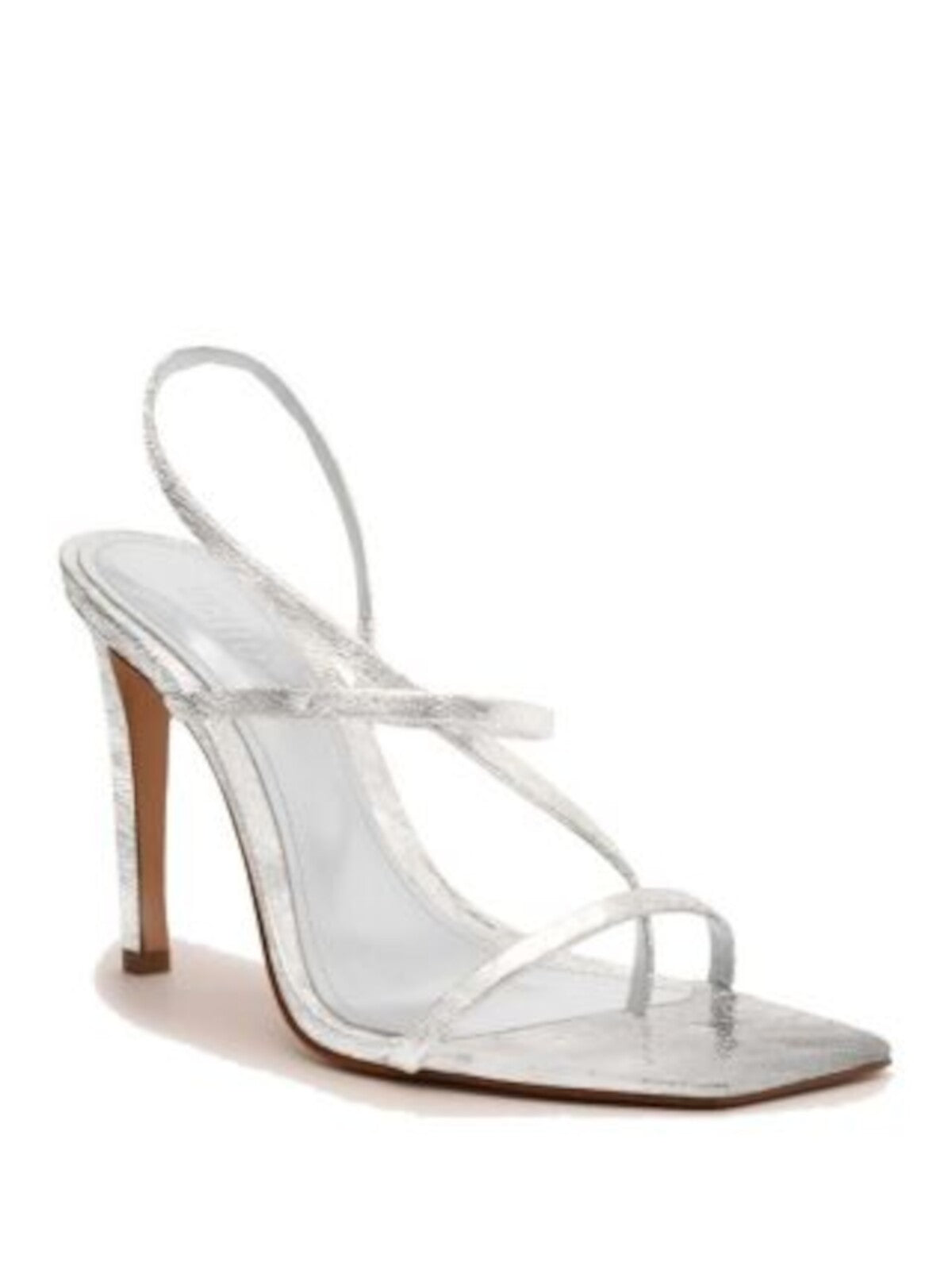 SCHUTZ Womens Silver Toe Loop Padded Goring Strappy Heloise High Square Toe Stiletto Buckle Leather Dress Heeled Sandal 8