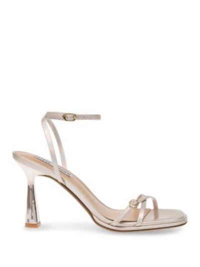 STEVE MADDEN Womens Light Pink Iridescent Buckle Accent Strappy Ankle Strap Padded Zarya Square Toe Flare Buckle Dress Heeled Sandal 6 M