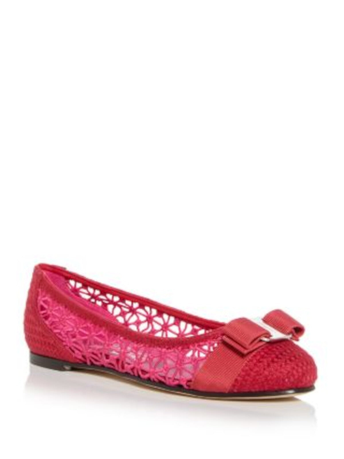 SALVATORE FERRAGAMO Womens Red Color Block Logo Hardware Breathable Crochet Bow Accent Varina Round Toe Slip On Ballet Flats 7