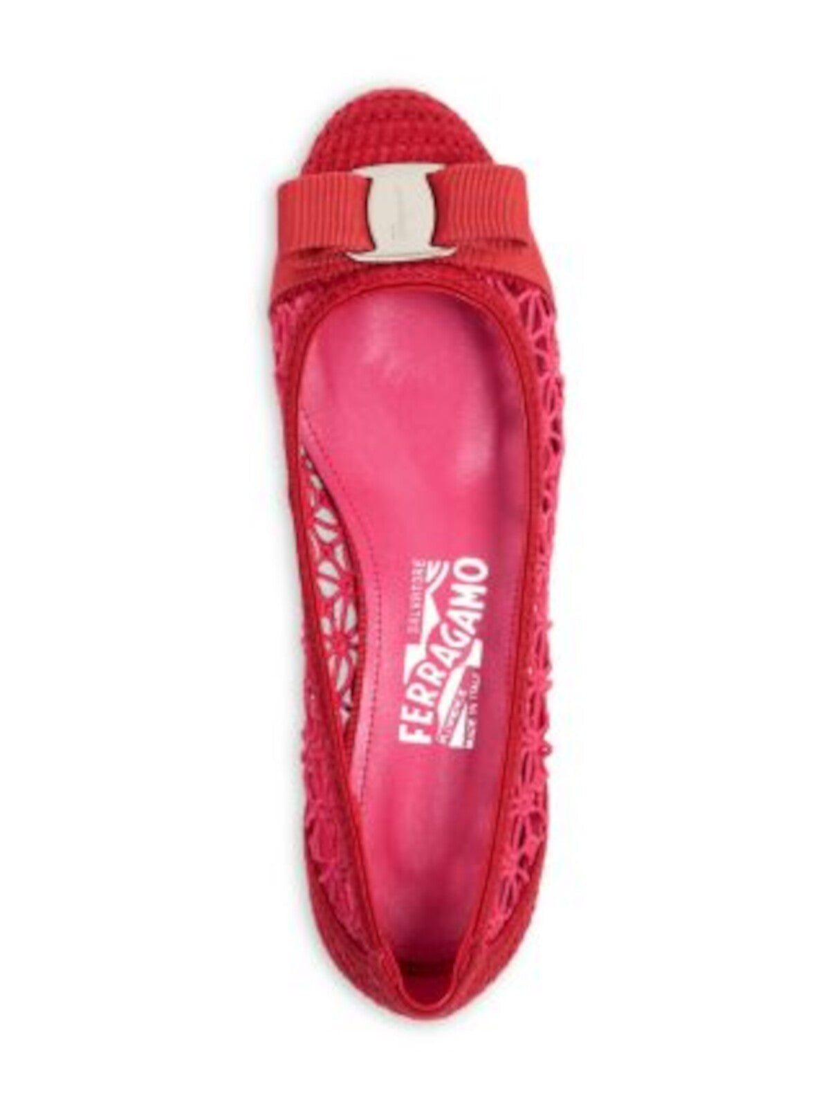SALVATORE FERRAGAMO Womens Red Color Block Logo Hardware Breathable Crochet Bow Accent Varina Round Toe Slip On Ballet Flats 7