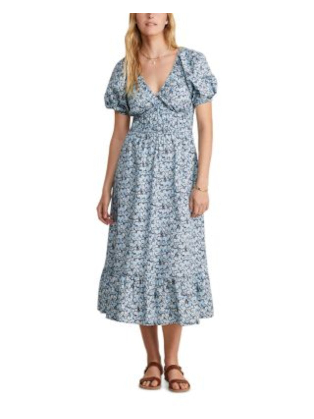 VINEYARD VINES Womens Blue Pocketed Gathered Tiered Skirt Floral Pouf Sleeve V Neck Midi Fit + Flare Dress L