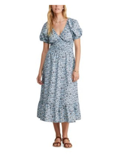 VINEYARD VINES Womens Blue Pocketed Gathered Tiered Skirt Floral Pouf Sleeve V Neck Midi Fit + Flare Dress L