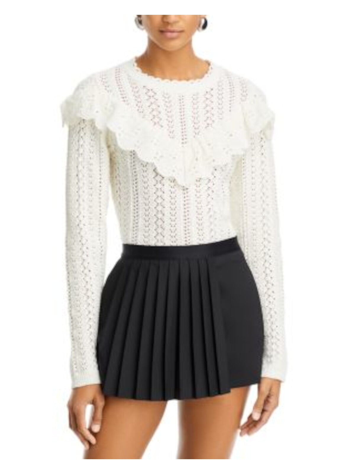 LOST + WANDER Womens Ivory Scalloped Long Sleeve Round Neck Top XS\S