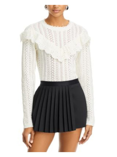 LOST + WANDER Womens Ivory Scalloped Long Sleeve Round Neck Top XS\S