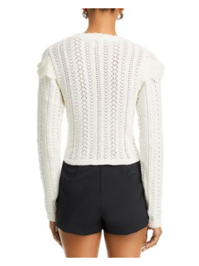 LOST + WANDER Womens Ivory Scalloped Long Sleeve Round Neck Top XS\S