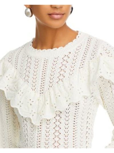 LOST + WANDER Womens Ivory Scalloped Long Sleeve Round Neck Top XS\S