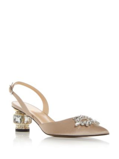 NALEBE Womens Beige Embellished Heel Embellished Padded Aurum Pointed Toe Sculpted Heel Buckle Dress Slingback 38.5