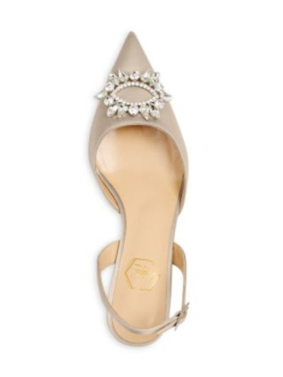 NALEBE Womens Beige Embellished Heel Embellished Padded Aurum Pointed Toe Sculpted Heel Buckle Dress Slingback 39