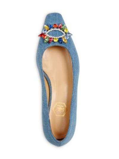 NALEBE Womens Blue Denim Metallic Heel Embellished Padded Amina Means Square Toe Slip On Ballet Flats 37.5