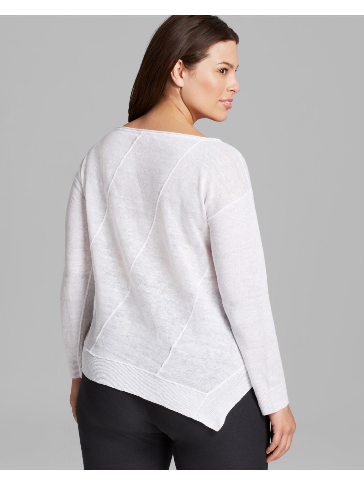 EILEEN FISHER Womens White Ribbed Sheer Asymmetrical Hem Seamed Long Sleeve Boat Neck Sweater Plus 1X