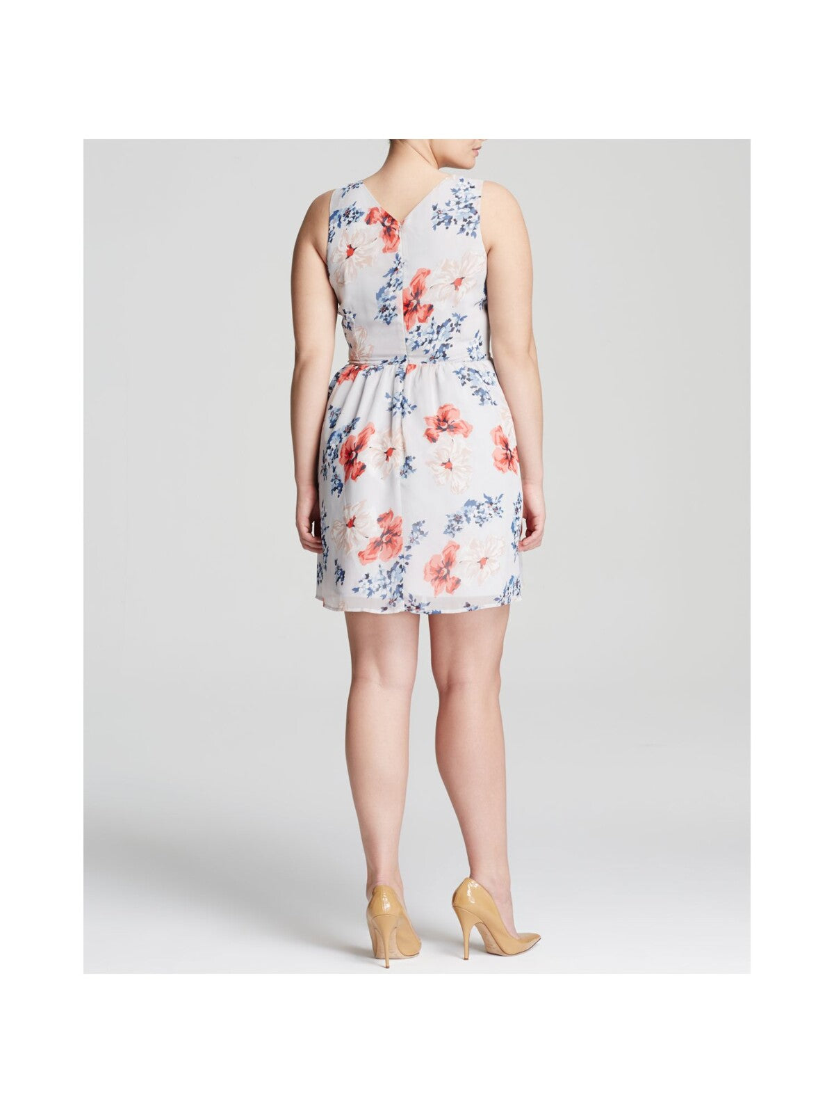 BB DAKOTA Womens Gray Zippered Pleated V-back Floral Sleeveless V Neck Short Fit + Flare Dress 16