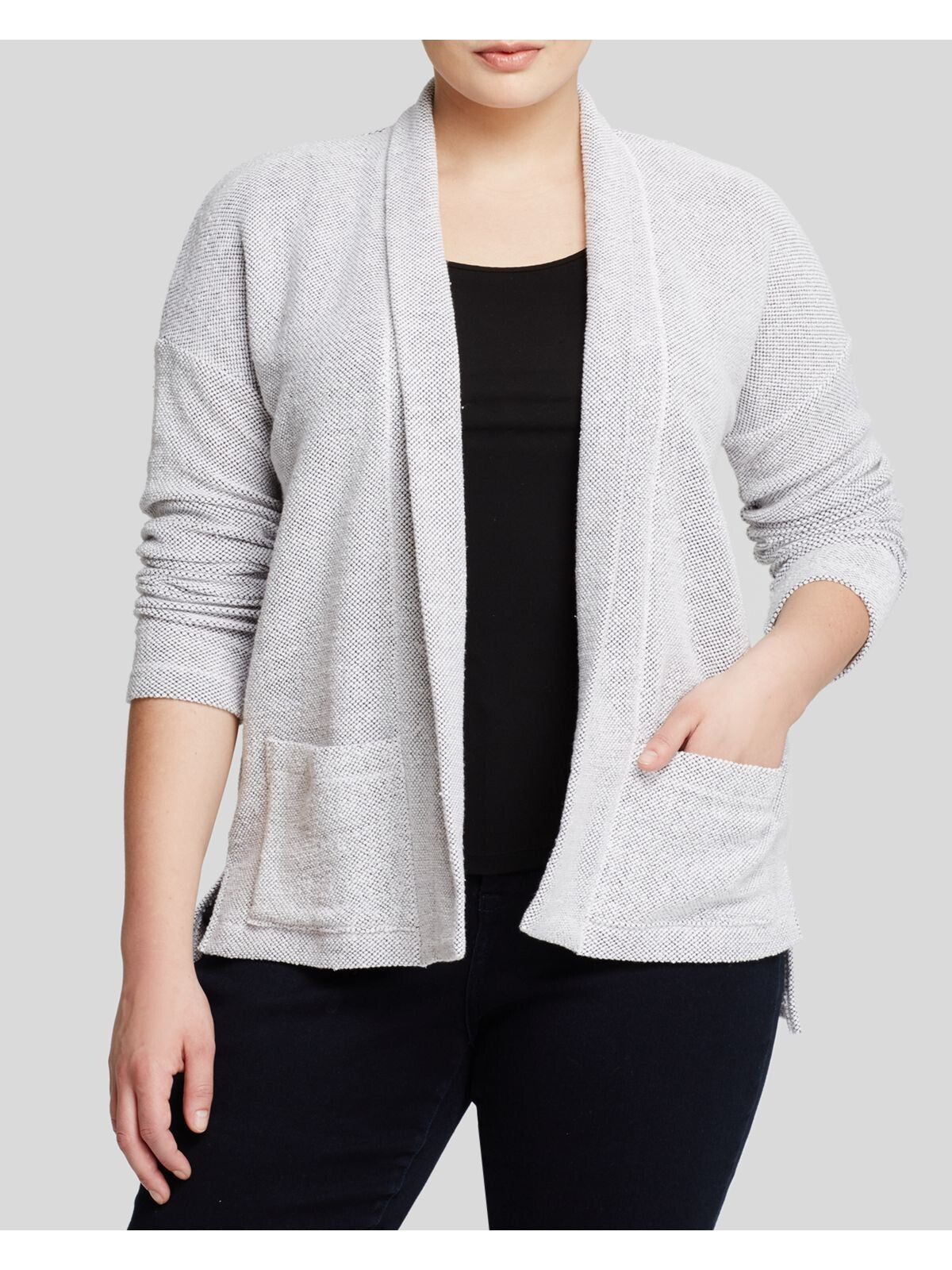 EILEEN FISHER Womens White Textured Pocketed Shawl Collar Vented Hems Long Sleeve Open Front Wear To Work Kimono Cardigan Plus 2X
