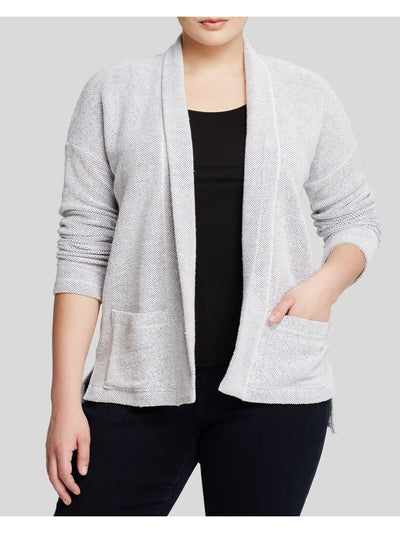 EILEEN FISHER Womens White Textured Pocketed Shawl Collar Vented Hems Long Sleeve Open Front Wear To Work Kimono Cardigan Plus 2X