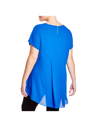 VINCE CAMUTO Womens Blue Darted Semi-sheer Blouse Short Sleeve Round Neck Hi-Lo Top Plus 1X