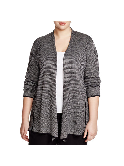 EILEEN FISHER Womens Black Wool Blend Herringbone Long Sleeve Open Cardigan Wear To Work Sweater Plus 1X