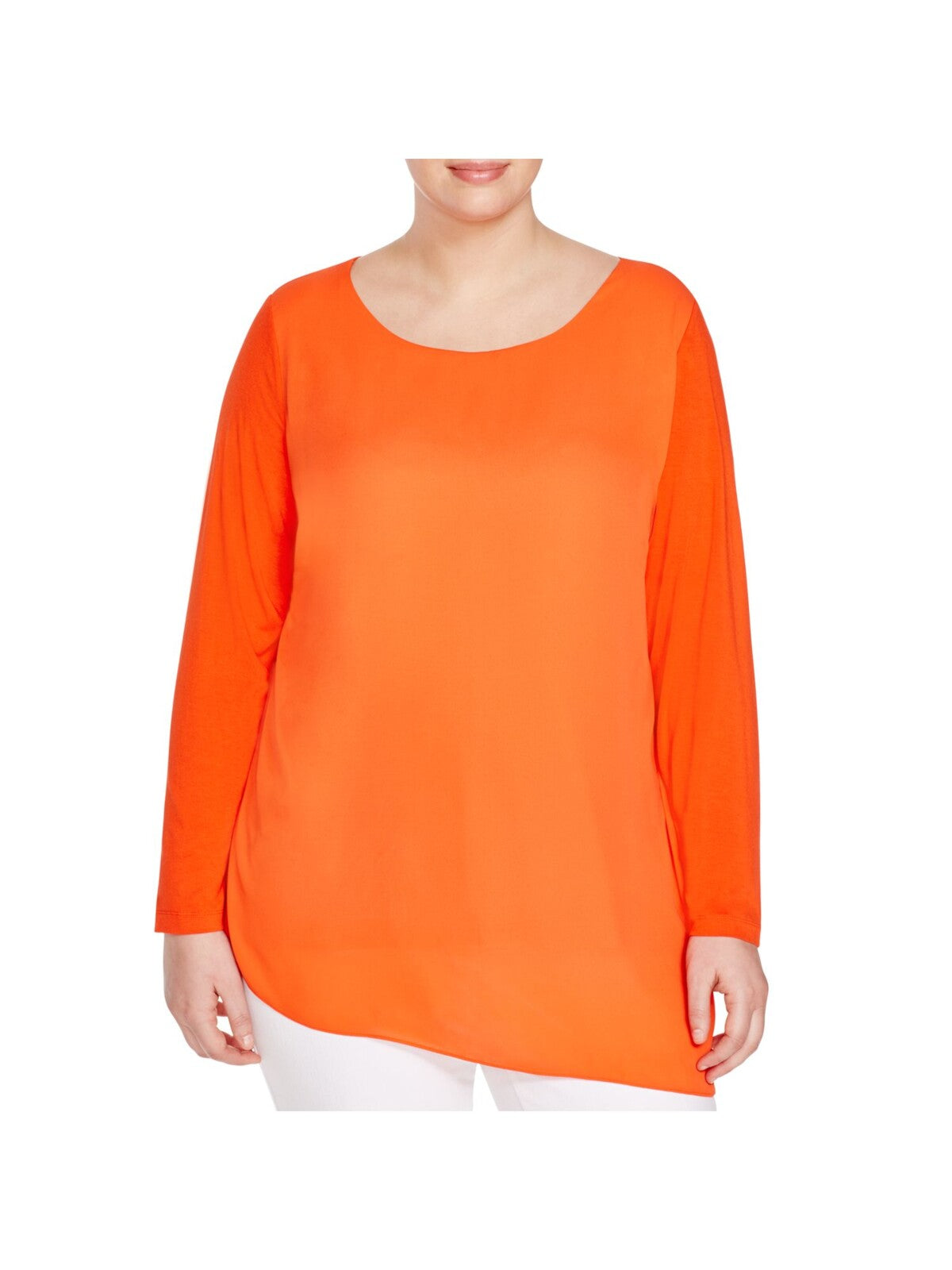 VINCE CAMUTO Womens Orange Sheer Asymmetrical Overlay, Long Sleeve Scoop Neck Blouse Plus 2X