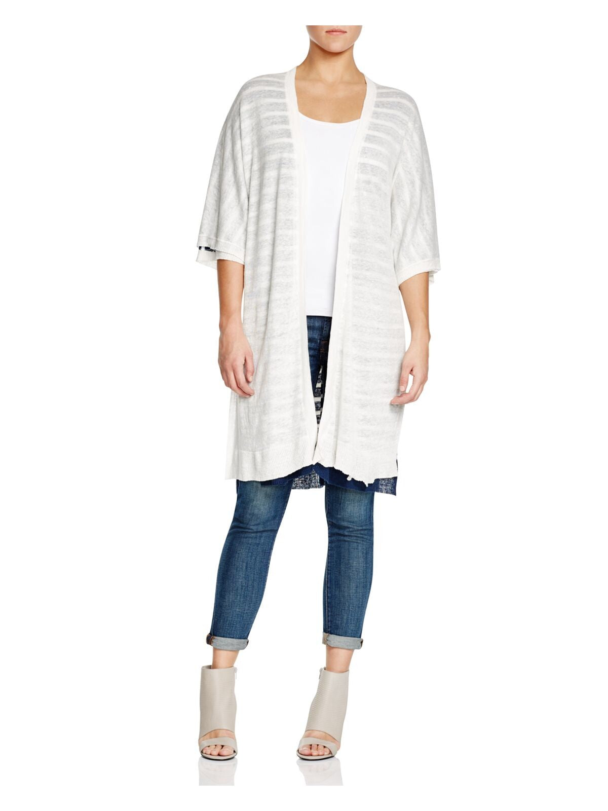 THREE DOTS Womens Ribbed 3/4 Sleeve Reversible Double-faced Open Front Cardigan