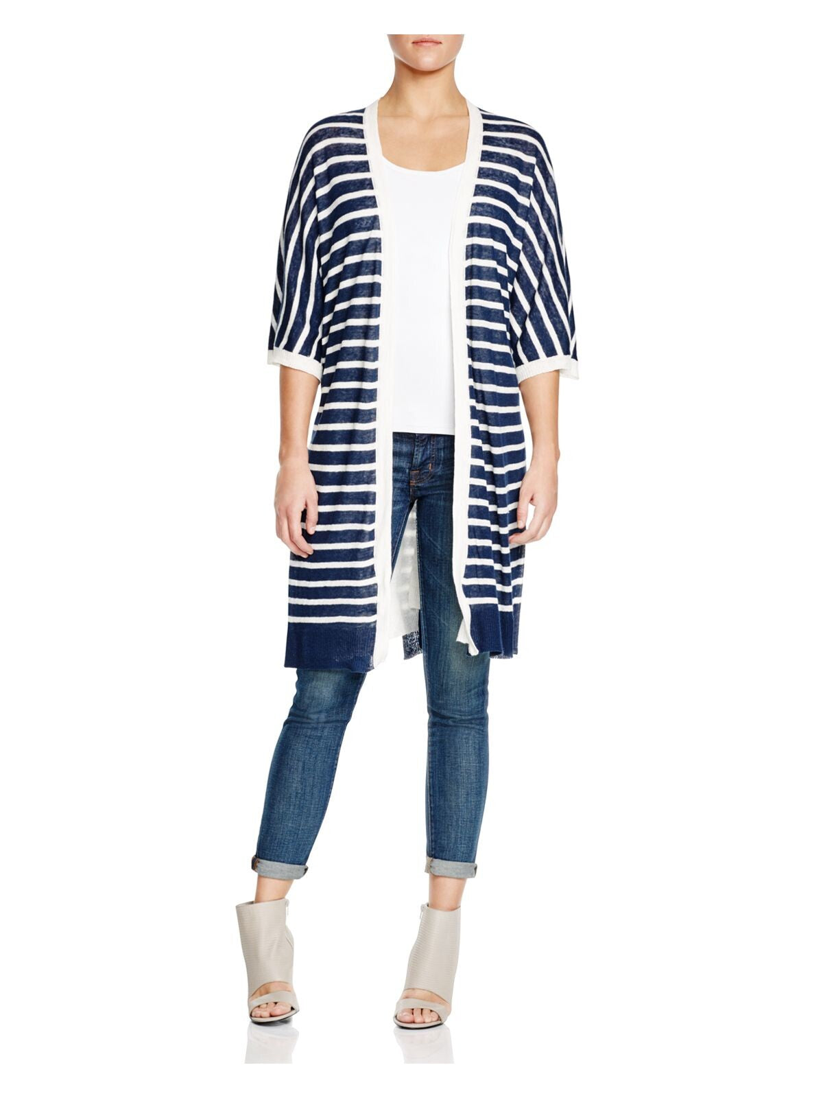 THREE DOTS Womens Ribbed 3/4 Sleeve Reversible Double-faced Open Front Cardigan