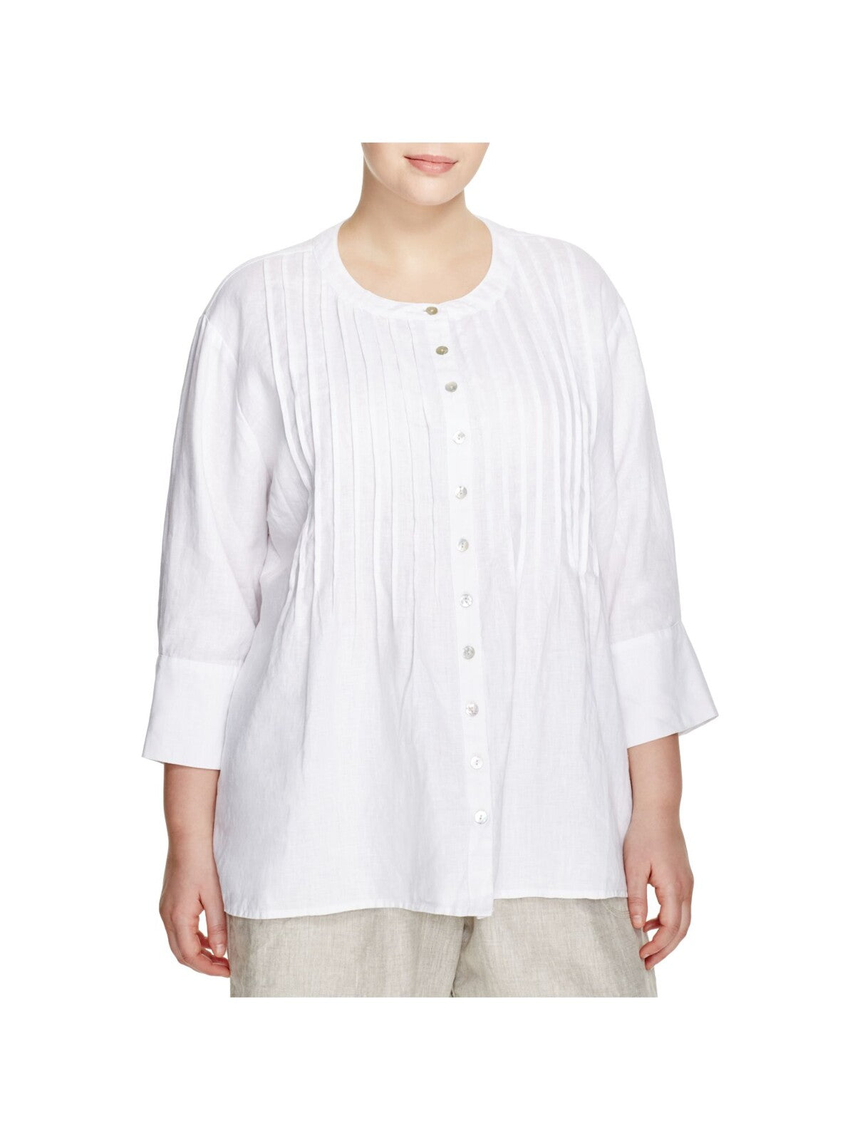 ALLEN ALLEN Womens White Pleated 3/4 Sleeve Crew Neck Wear To Work Button Up Top Plus 1X