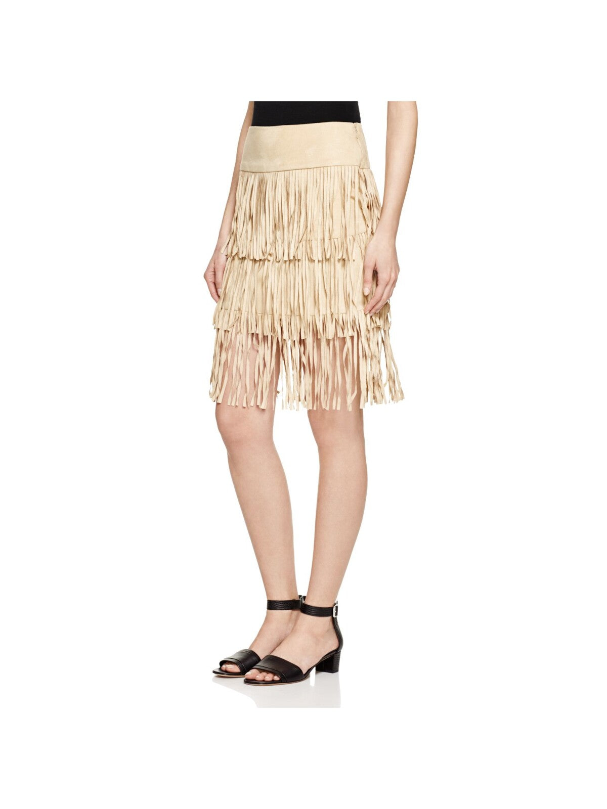 ROMEO + JULIET COUTURE Womens Beige Stretch Fringed Zippered Tiered Faux Suede Knee Length Party Skirt M