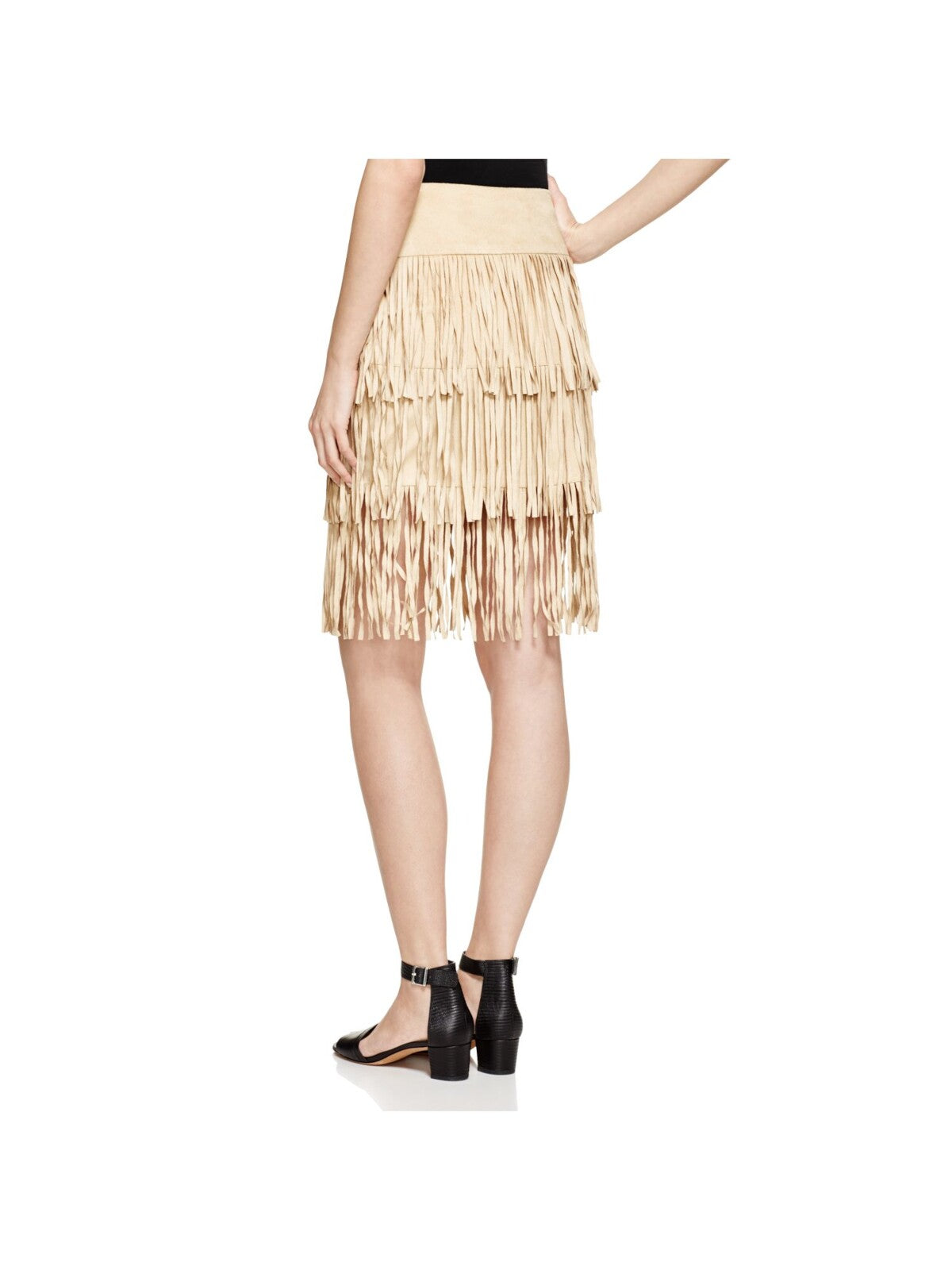 ROMEO + JULIET COUTURE Womens Beige Stretch Fringed Zippered Tiered Faux Suede Knee Length Party Skirt M