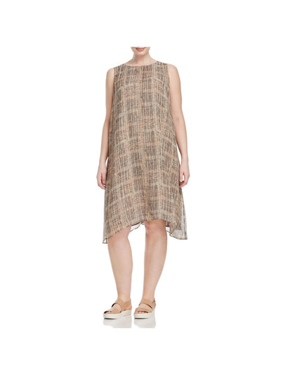 EILEEN FISHER Womens Beige Plaid Sleeveless Round Neck Midi Trapeze Dress Plus 1X