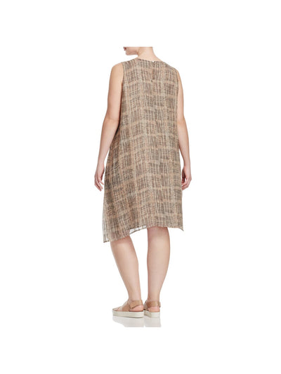 EILEEN FISHER Womens Beige Plaid Sleeveless Round Neck Midi Trapeze Dress Plus 1X