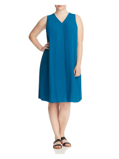 EILEEN FISHER Womens Blue Pleated Darted Sheer Unlined Sleeveless V Neck Knee Length Shift Dress Plus 1X