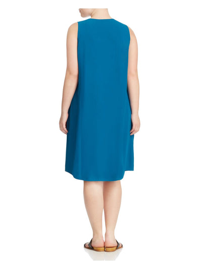 EILEEN FISHER Womens Blue Pleated Darted Sheer Unlined Sleeveless V Neck Knee Length Shift Dress Plus 1X