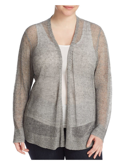 EILEEN FISHER Womens Gray Sheer Ribbed Heather Long Sleeve Open Front Cardigan Plus 2X