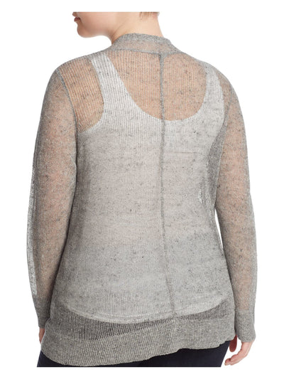 EILEEN FISHER Womens Gray Sheer Ribbed Heather Long Sleeve Open Front Cardigan Plus 2X