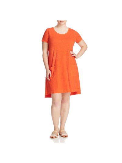 EILEEN FISHER Womens Orange Pocketed Vented Step Hem Short Sleeve Scoop Neck Above The Knee Shift Dress Plus 2X