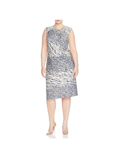 NIC+ZOE Womens White Stretch Twist Front Printed Sleeveless Round Neck Knee Length Wear To Work Sheath Dress Plus 3X