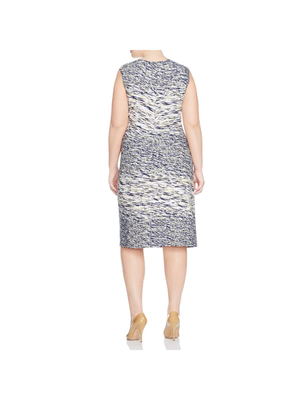 NIC+ZOE Womens White Stretch Twist Front Printed Sleeveless Round Neck Knee Length Wear To Work Sheath Dress Plus 3X