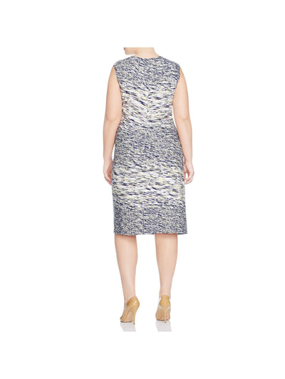 NIC+ZOE Womens White Stretch Twist Front Printed Sleeveless Round Neck Knee Length Wear To Work Sheath Dress Plus 3X