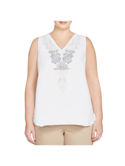 NIC+ZOE Womens White Embroidered Printed Sleeveless V Neck Wear To Work Blouse Plus 2X