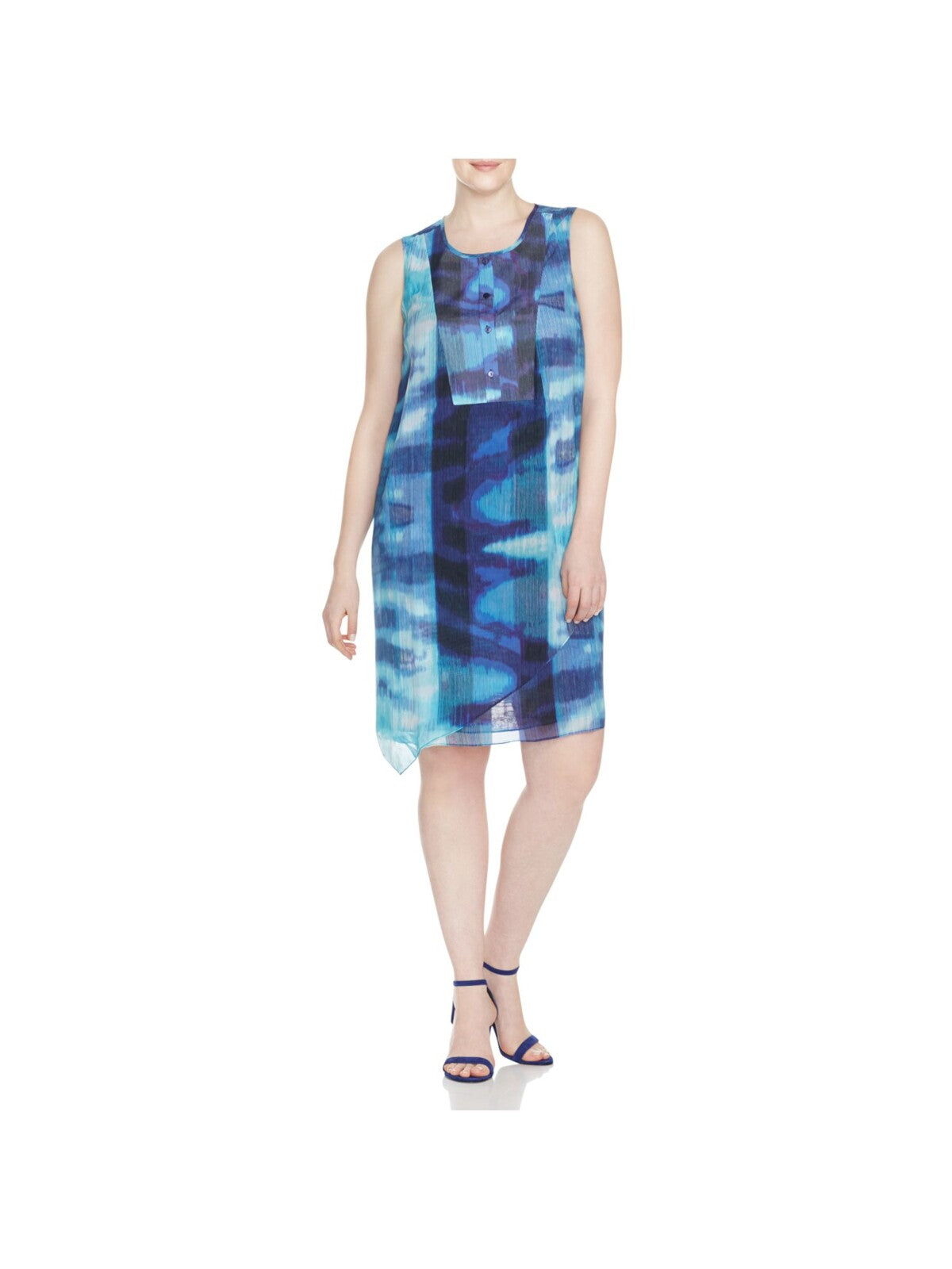 NIC+ZOE Womens Blue Pleated Asymmetrical Hem Tunic Style Printed Sleeveless Jewel Neck Above The Knee Party Shift Dress Plus 2X