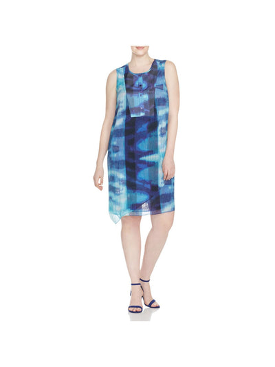 NIC+ZOE Womens Blue Pleated Asymmetrical Hem Tunic Style Printed Sleeveless Jewel Neck Above The Knee Party Shift Dress Plus 2X