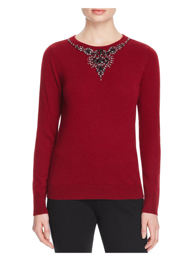 MAGASCHONI Womens Maroon Rhinestone Ribbed Long Sleeve Round Neck Sweater M