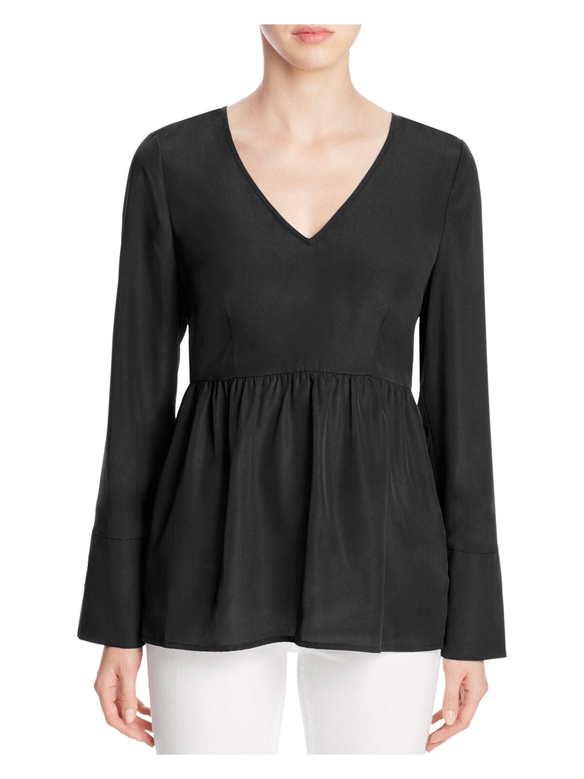 FINITY Womens Black Pleated Long Sleeve V Neck Wear To Work Peplum Top 8