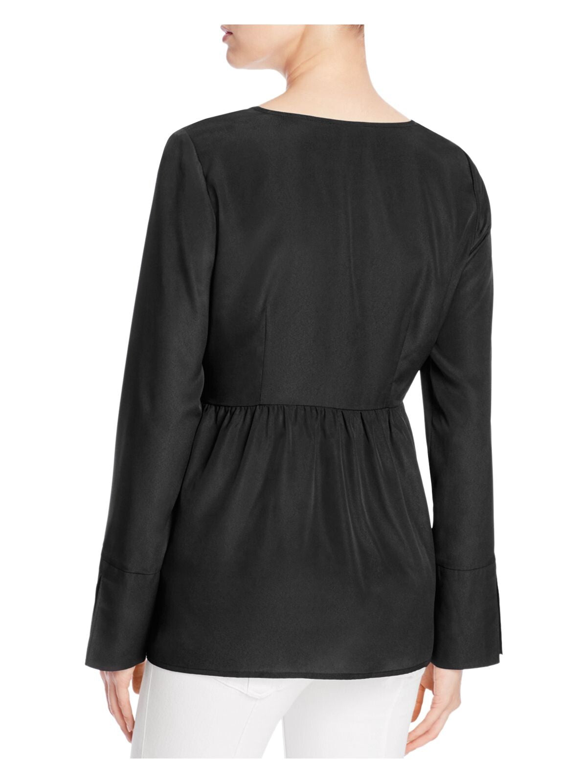 FINITY Womens Black Pleated Long Sleeve V Neck Wear To Work Peplum Top 8